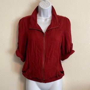 🍁🧱Brick Red Zip-Up Roll-Up Sleeves Top